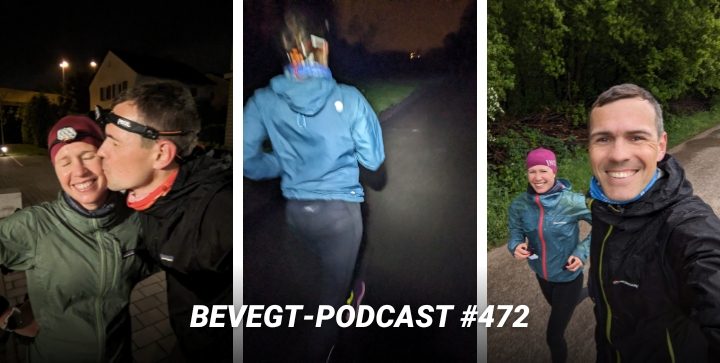 Drei Bilder von der 4x4x48-Challenge: Daniel küsst Katrin auf die Wange, Katrin läuft durch die Nacht, ein Selfie von Katrin und Daniel beim Laufen im Park